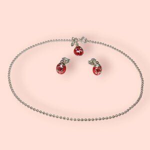 Avon 925 Sterling Silver Anklet Stud Earrings Set Ladybug Red Beaded Chain Vtg